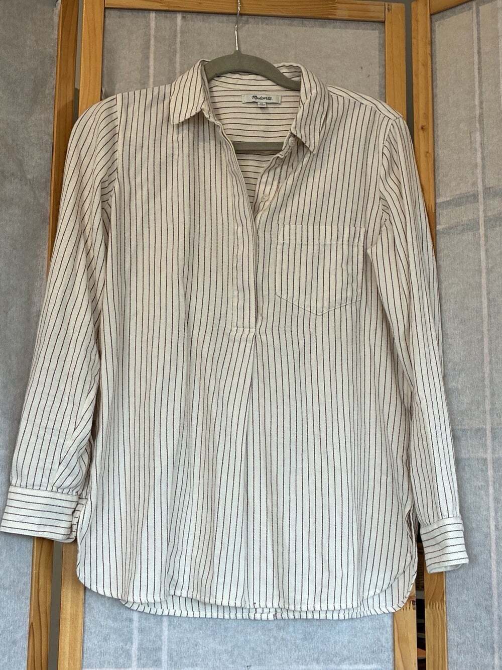 Women's Madewell Cream Cotton Flannel Striped 3/4 Button Front Top XSmall Preppy